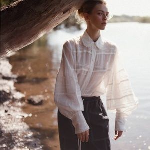 Lee Mathews Camila Lace Balloon Sleeve Blouse Shirt White 1 S